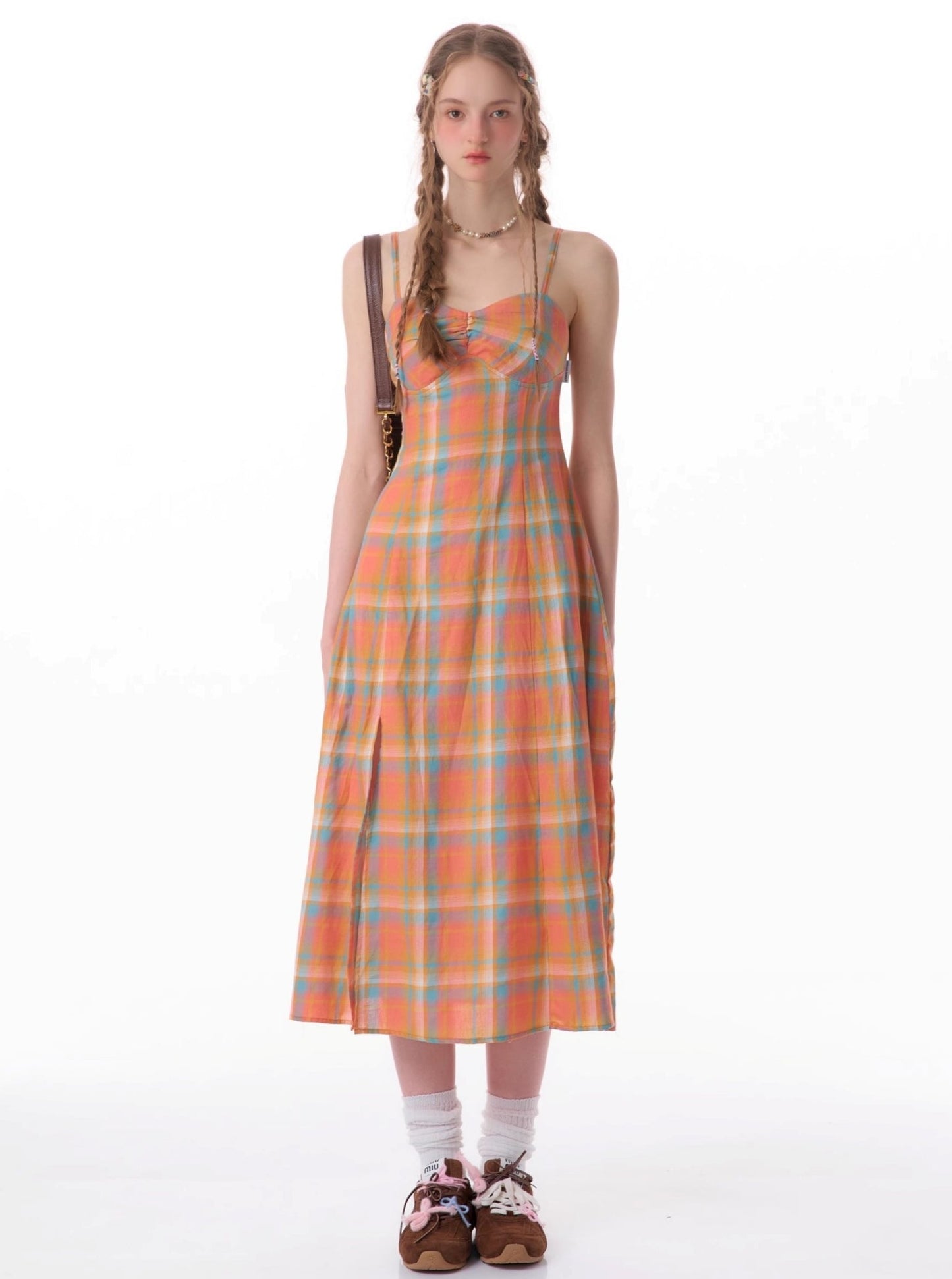 Orange Check Cinched Slip Dress