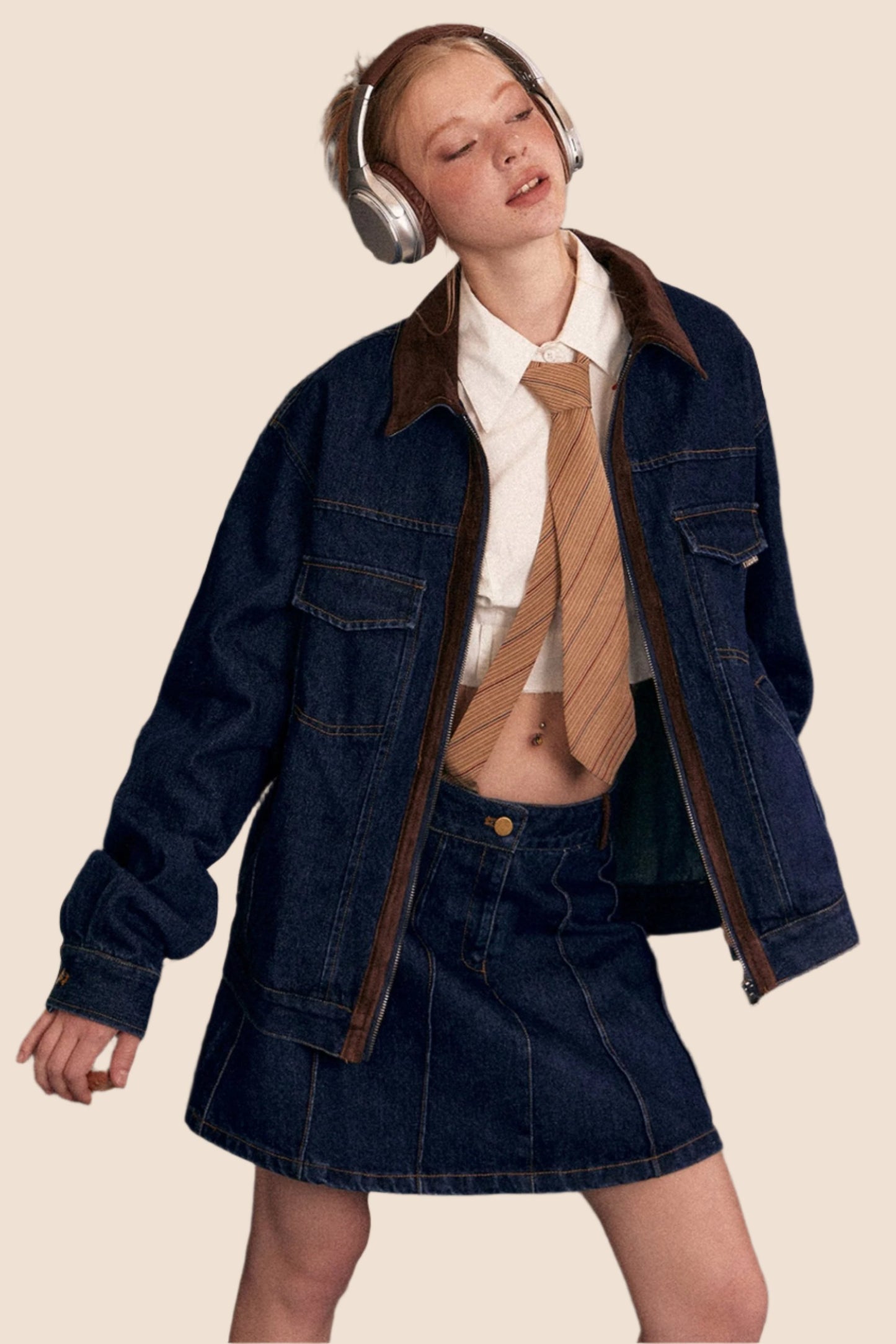 Casual Stitched Denim Jacket And Skirt Set-Up