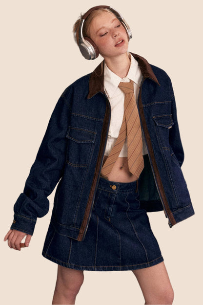 EZEK American Retro Stitched Denim Jacket Damen Frühjahr und Herbst 2024 neue lässige High Street Crop Top Trend