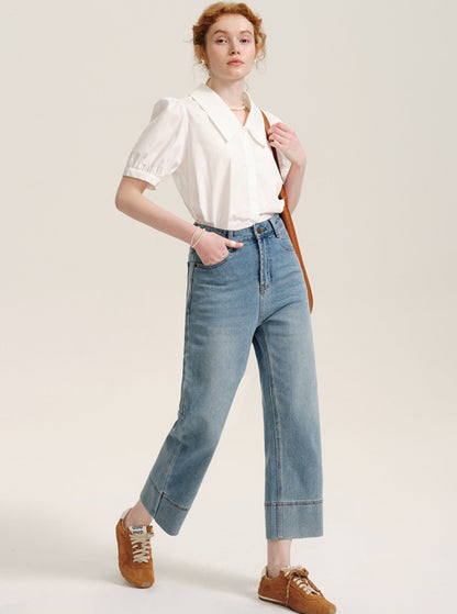 7.8 auf der neuen 85% off hellblau High-Waisted Straight-Leg-Jeans, kleine Leute schauen dünn und schmal, abgeschnitten Rohr Baguette Hosen