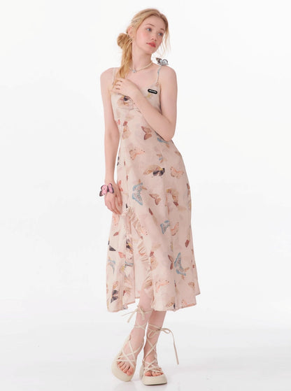 Butterfly Print Long Slit Dress