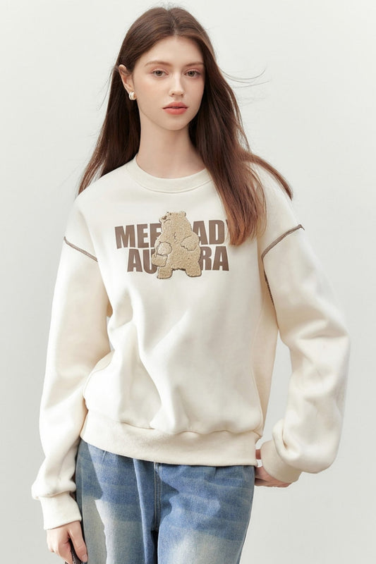 MEETLADY Alphabet Cartoon Bär warmes Samt Sweatshirt Frauen 2024 Herbst Winter neue faule Wind vielseitige Top Frauen