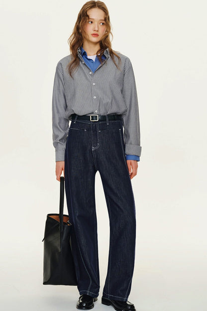 Blue Lyocell Strait-Leg Trousers