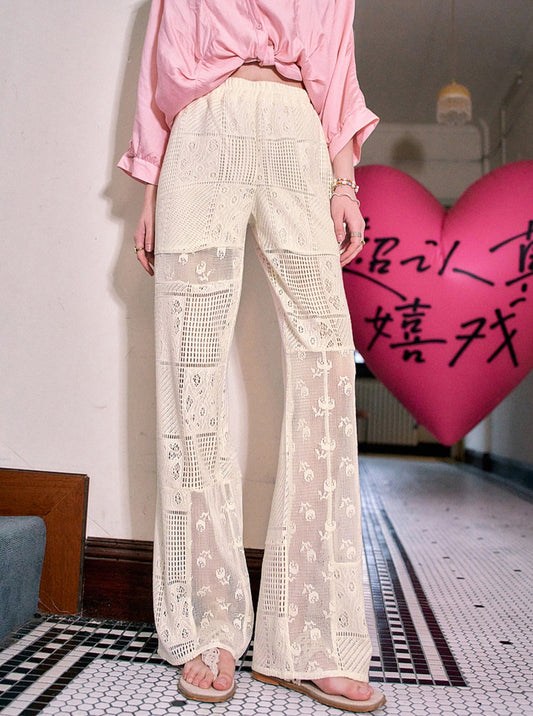 Lace Stitching White Flared Pants