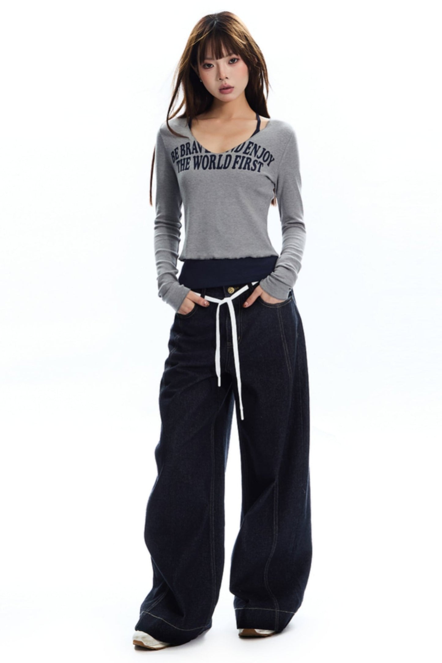 Natural Denim Wide-Leg Pants