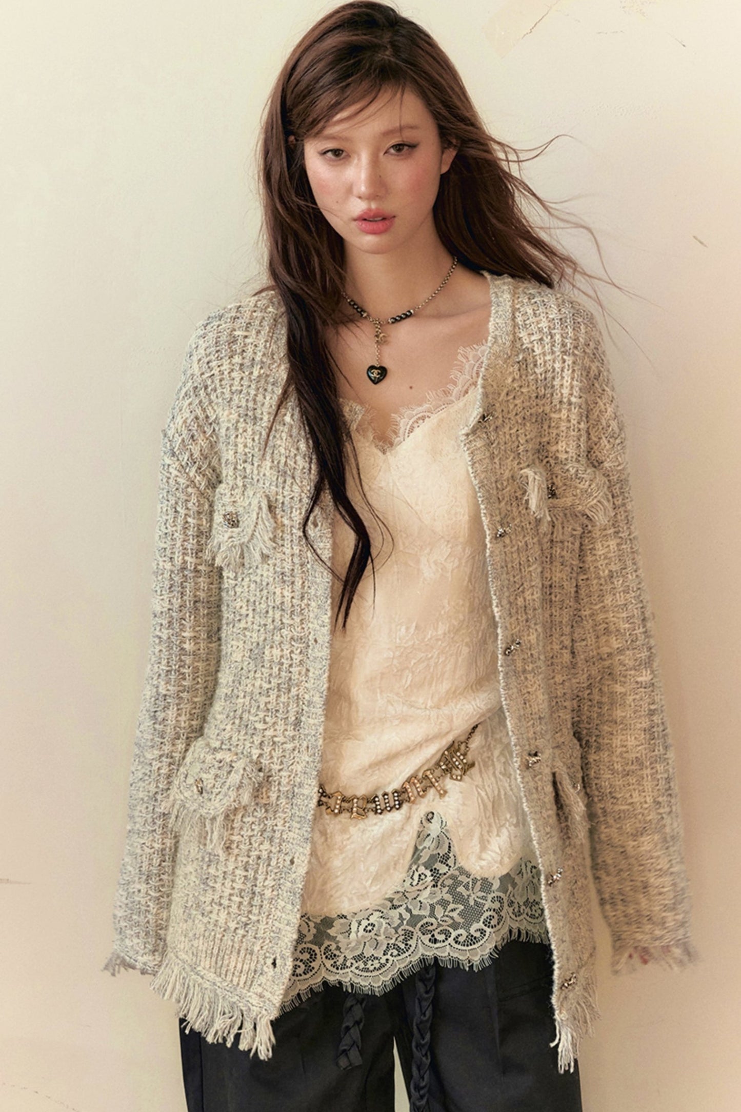 Lace Panel Sweater Jacket With Contrasting Knit Cardigan Vest