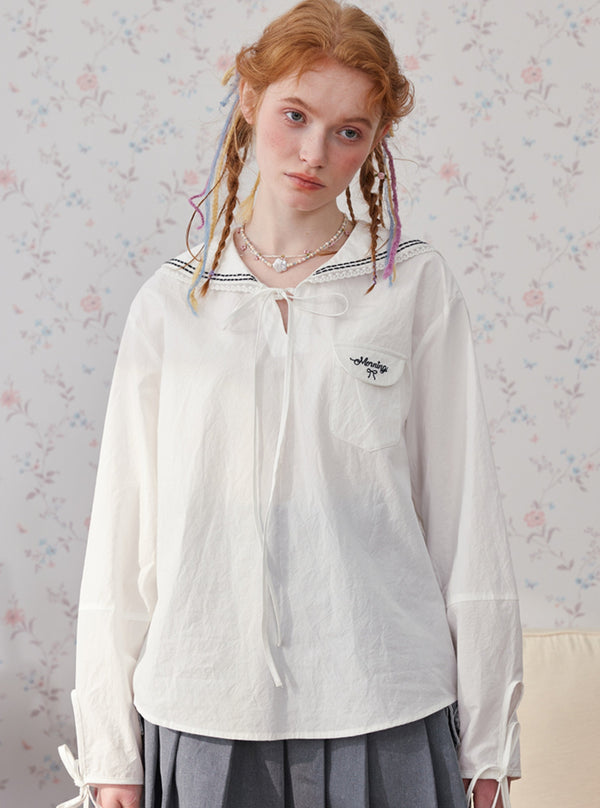 French letter embroidery navy collar tops