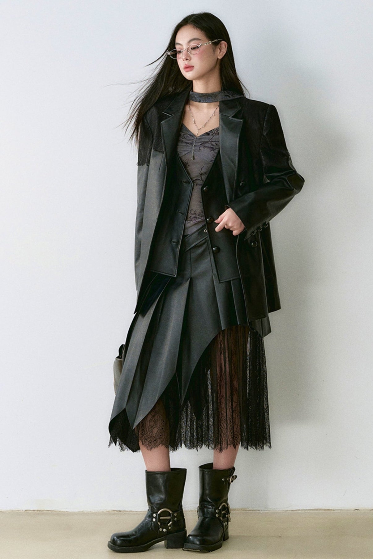 Kenna Grid Lace Patchwork Leather Skirt