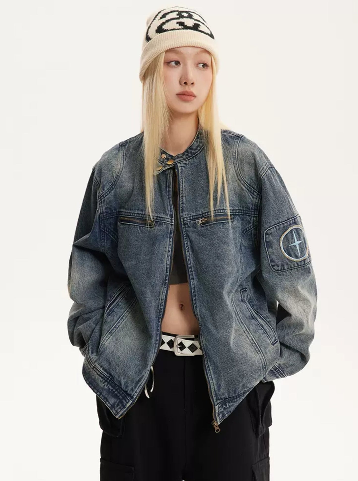 American Retro Washed Denim Biker Jacket