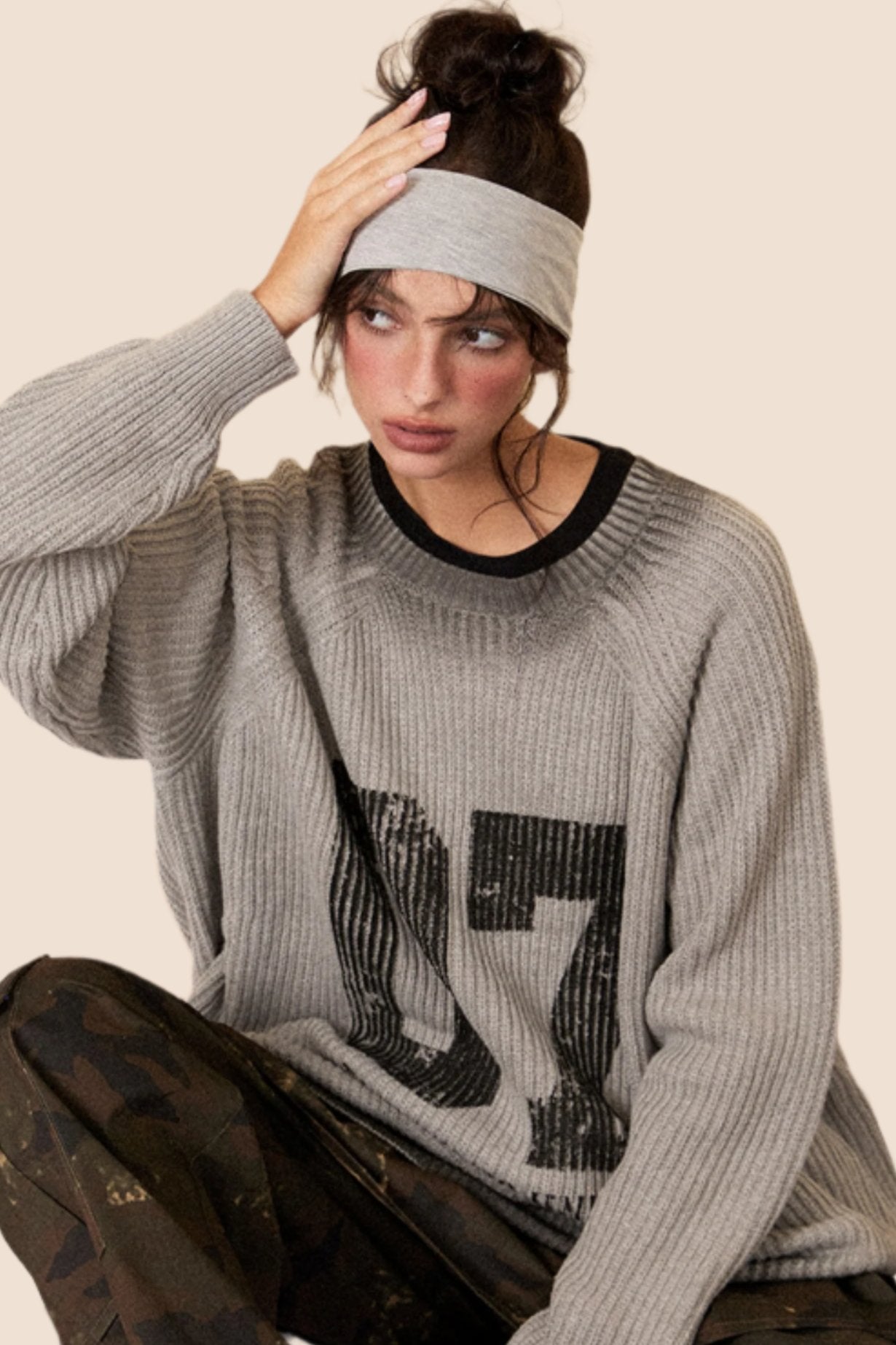 EZEK American retro distressed pullover crewneck sweater women's autumn and winter new loose trendy brand knitwear top