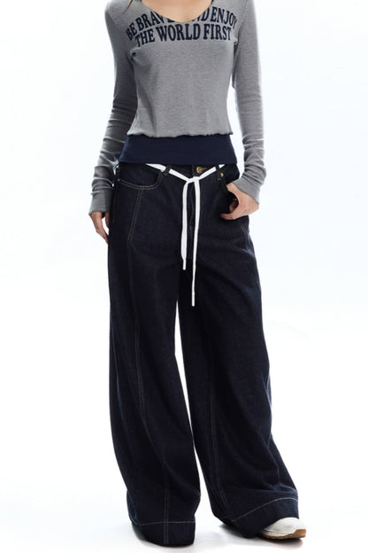 Natural Denim Wide-Leg Pants