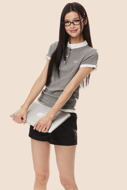 EZEK 아메리칸 레트로 페이크 투피스 그레이 반팔 티셔츠 여성 여름 신상 슬림 심플하고 다재다능한 대비 톱 