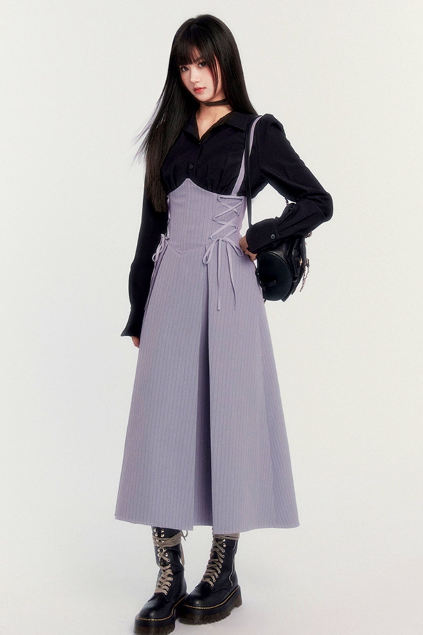 VOCK retro chest strap dress autumn and winter parrot pear co-branded waist pleated maxi skirt herringbone waist seal