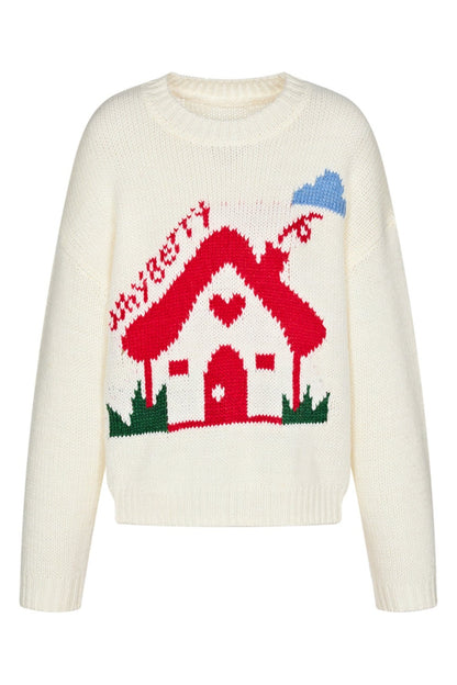 WhyBerry 24AW "Fairy Tale House" Cute Loose Little House Pullover Einfache Rundhalsausschnitt Lazy Style