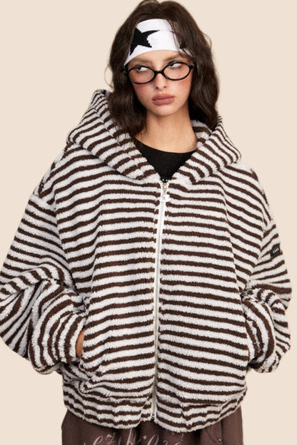 EZEK American retro striped hooded thickened cotton jacket for women in autumn and winter new loose short trendy brand cotton jacket