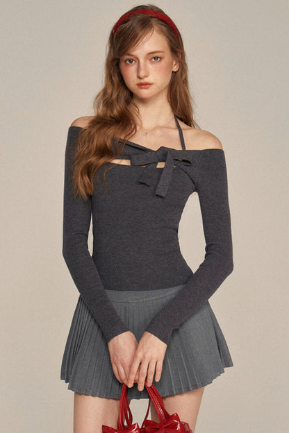 Slim One-Shoulder Bow Knit Top