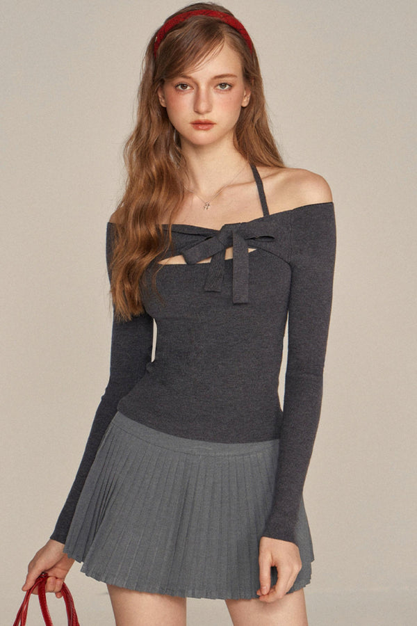 Slim One-Shoulder Bow Knit Top