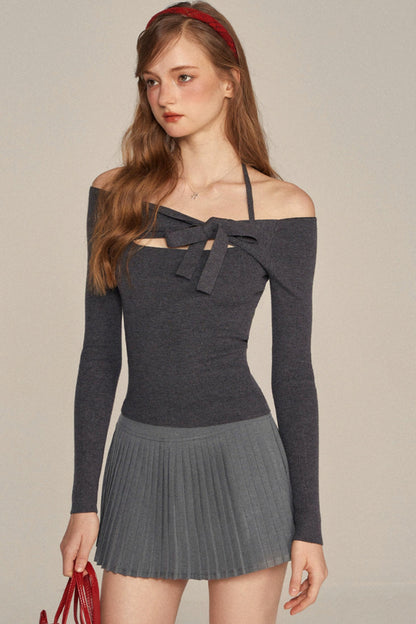Slim One-Shoulder Bow Knit Top