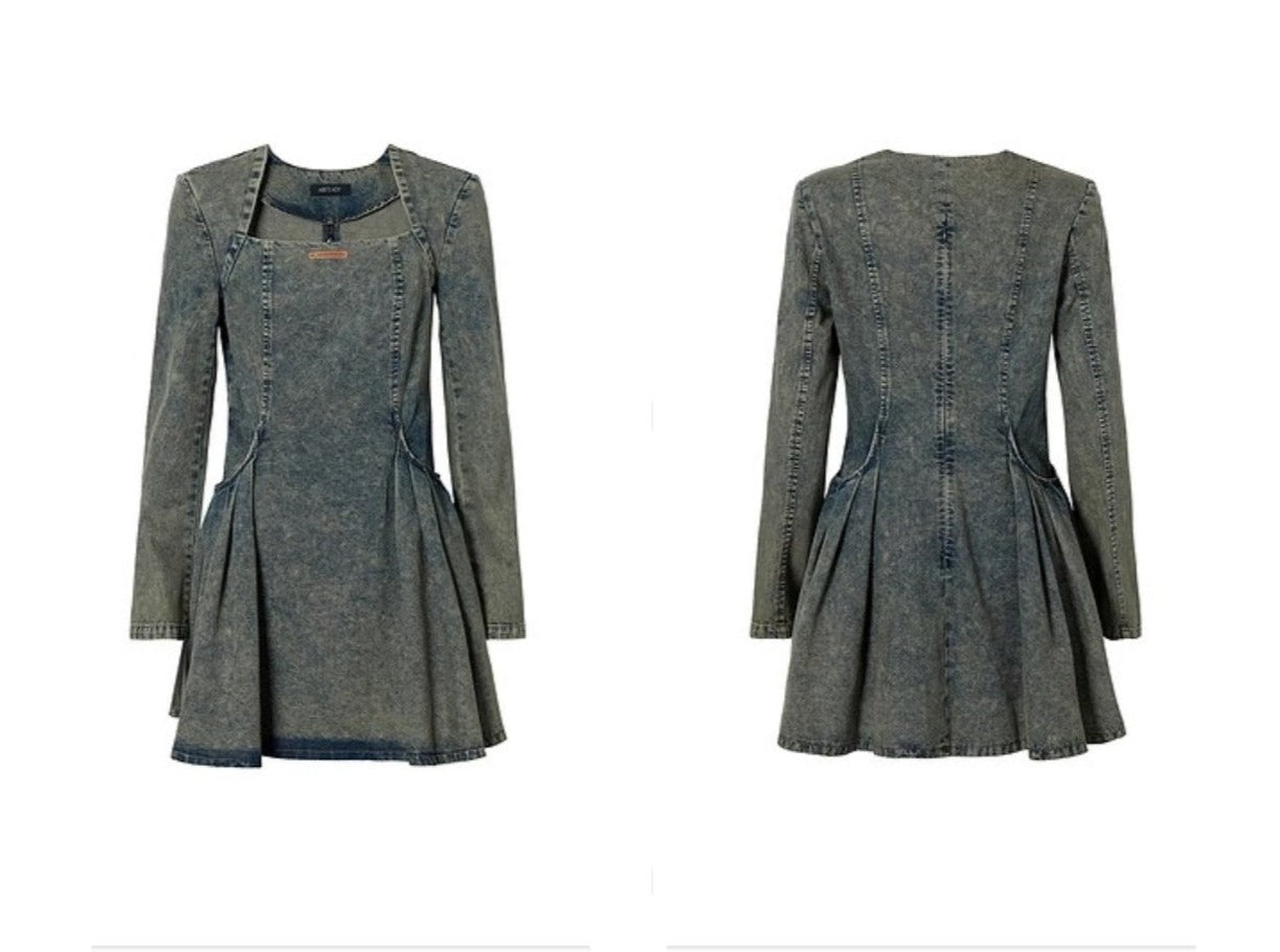 Hong Kong Style Retro Square Neck Denim Dress