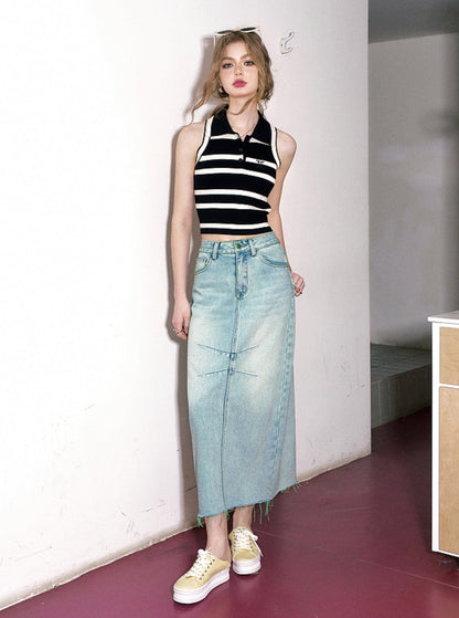 Raw Hem Crotch Covering Denim Skirt