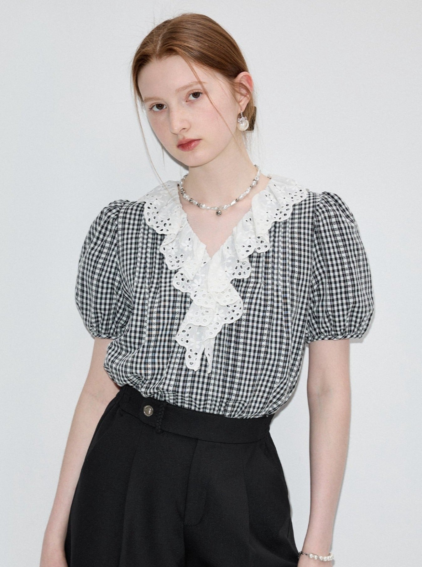 Lace Collar Check Short Sleeve Shirt