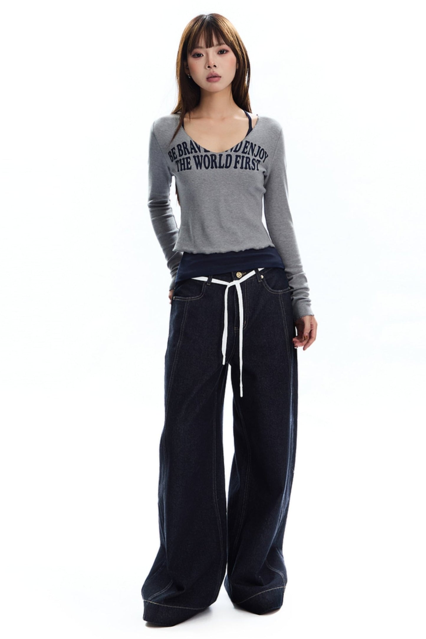 Natural Denim Wide-Leg Pants