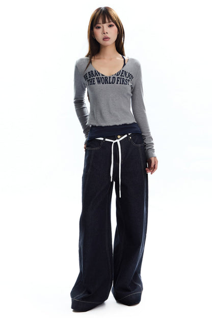 [New on September 19] APEA denim natural jeans women's retro contrast loose straight-leg wide-leg pants