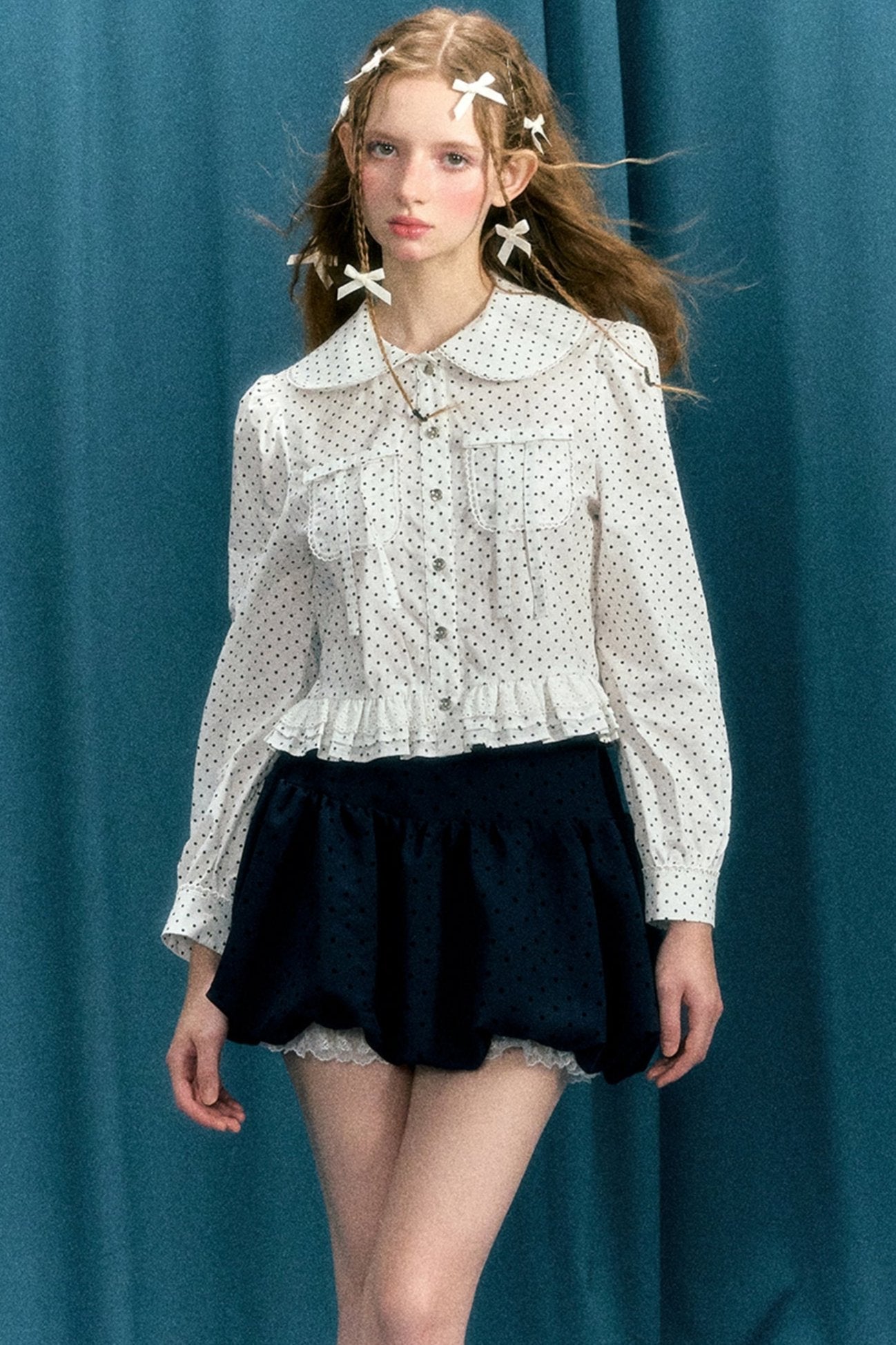 Polka Dot Long-Sleeve Doll Collar Shirt