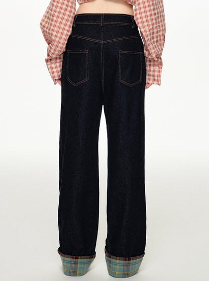 CyNi vintage plaid panels, basic jeans, pants, wide-leg pants, straight-leg pants, mopping casual and relaxed Hong Kong style