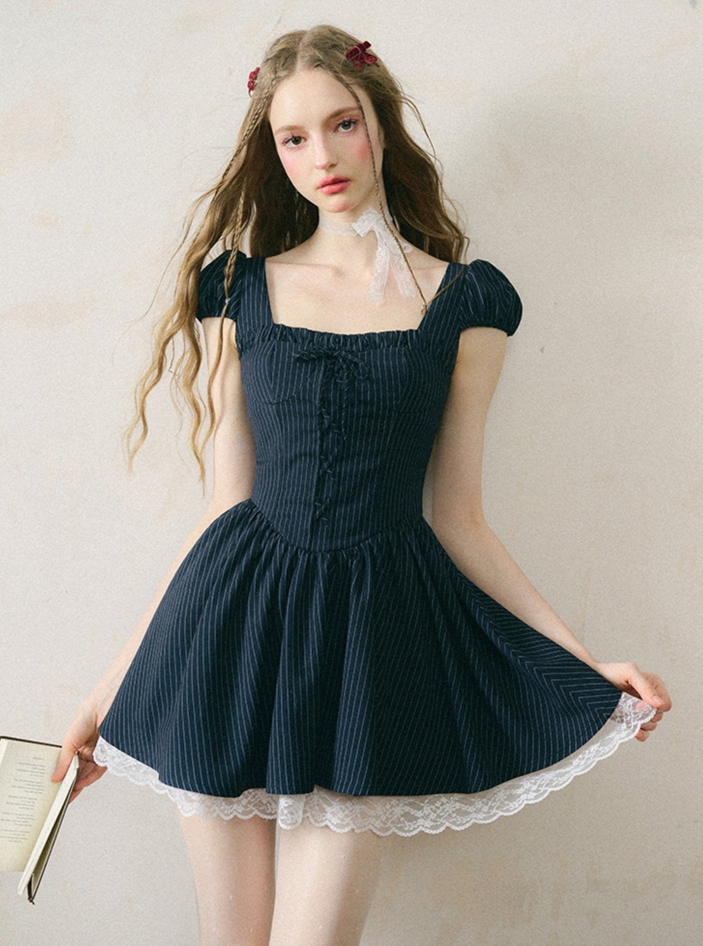 Galaxy Lace Striped Puff Sleeve Dress