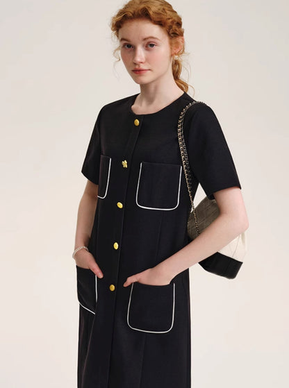 Contrasting Black Gold Button Dress