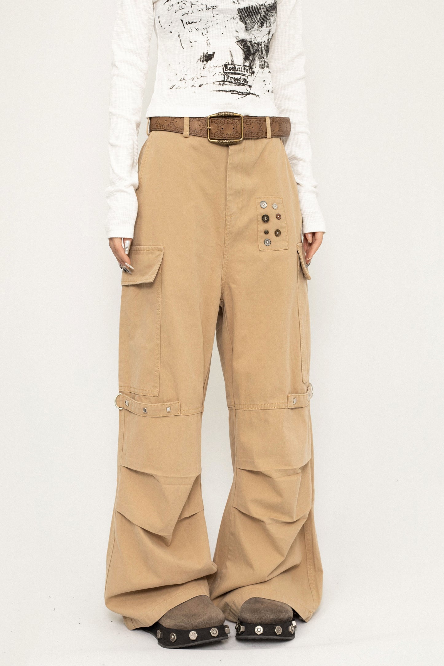 Casual Button Wide-Leg Cargo Pants