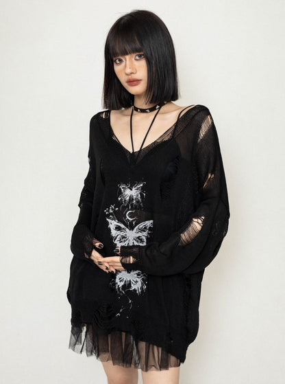 Mesh Cut-Out Butterfly Sweater Top