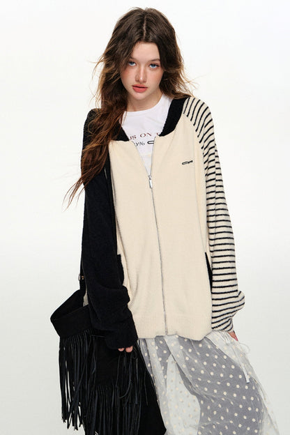 Black and White Striped Hooded Cardigan