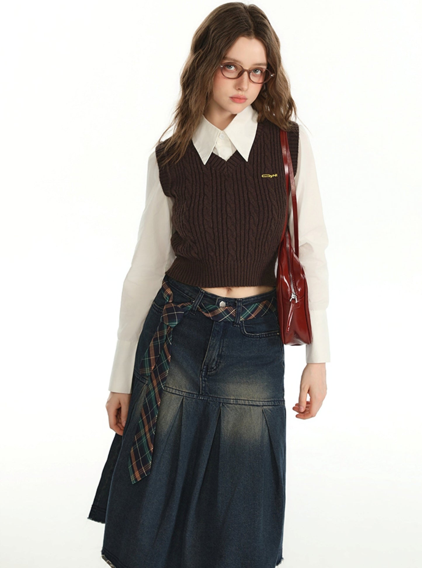 Shirt With Vintage Sweater Vest And Skirt Set-Up