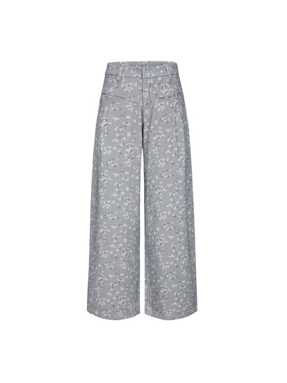 Gray Floral Wide-Leg Pants