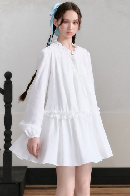 AYF Lace-up Shirt Dress French retro niche design sense foreign long-sleeved loose cropped dress