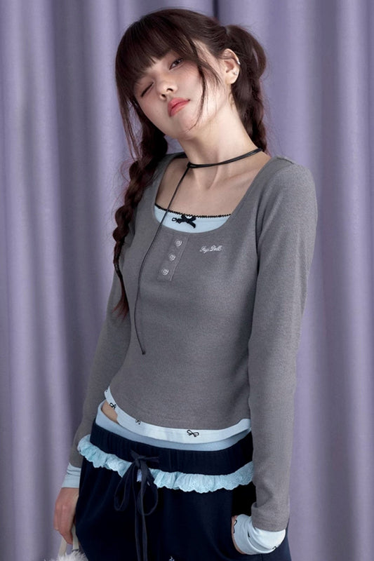 SagiDolls Girl's fighting spirit is sweet and versatile, gray and blue bow fake two long-sleeved T-shirts, slim and cute