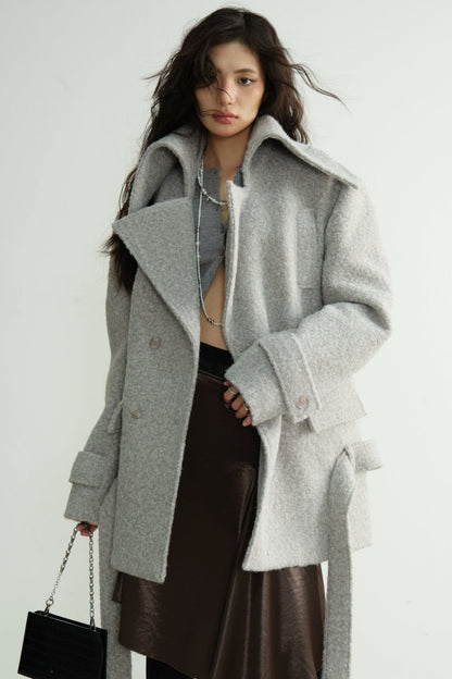 Light Gray Wool Stand-Collar Coat