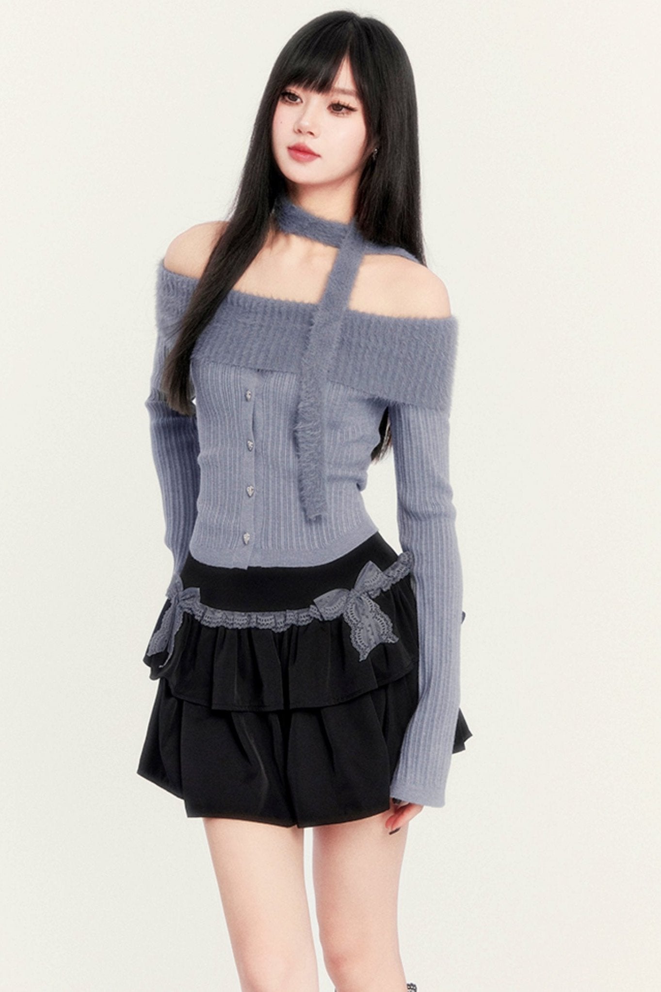 Gray Blue Cake Skirt Knitwear Set-UP