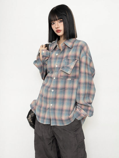 Plaid Color-Blocking Long-Sleeve Shirt