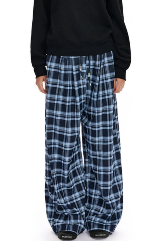 APEA "Relaxation Supreme" slouchy contrasting plaid wide-leg pants, beaded drawstring blue checked loose straight-leg trousers