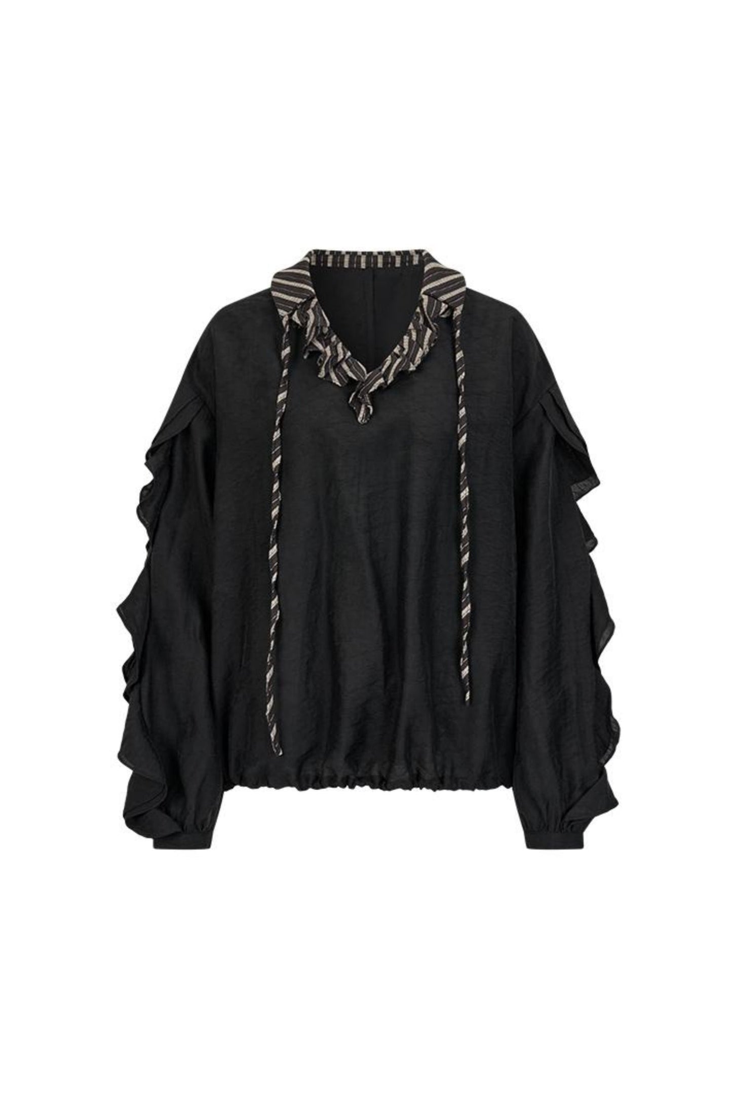 Genesis Yuan Leichte Tencel Ruffle Pullover Shirt Herbst Streifen Kontrast V-Ausschnitt Lace-up Langarm Top Frauen