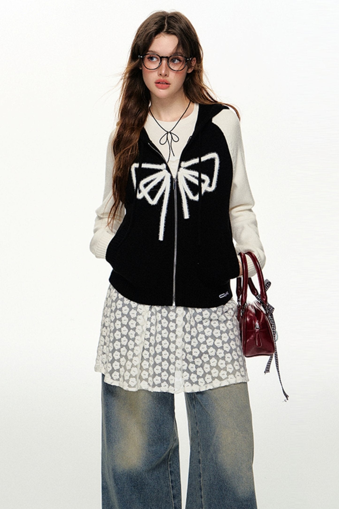 Fall Bow Knit Hooded Jacket