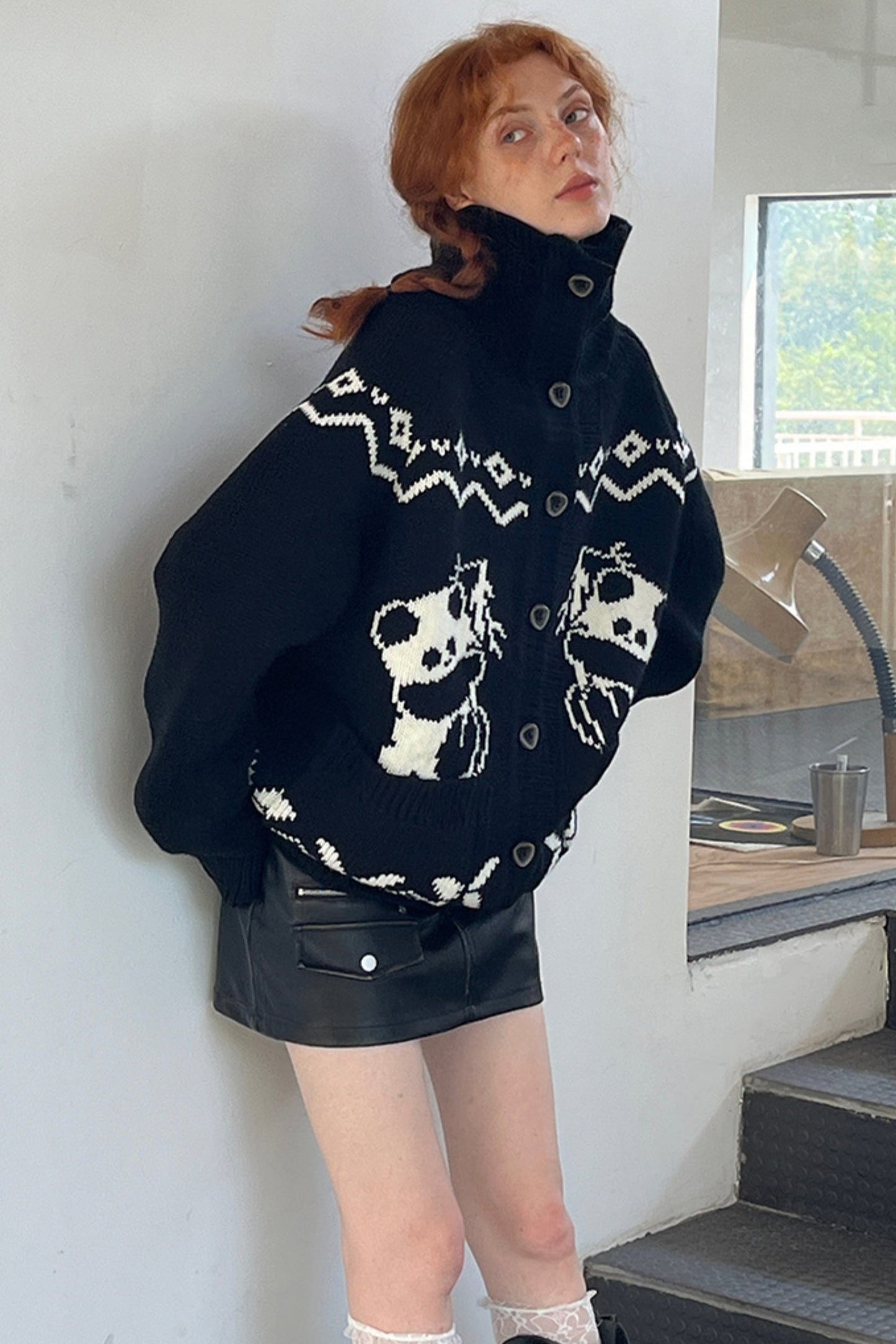 Fun Girly Panda Contrast Vintage Knit Jacket