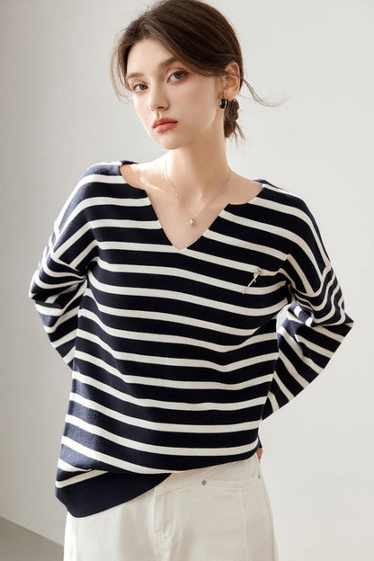 Striped V-Neck Loose Knit Sweater