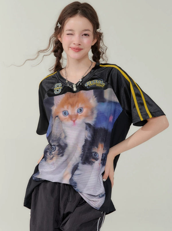 Cat Print Loose V-Neck T-Shirt