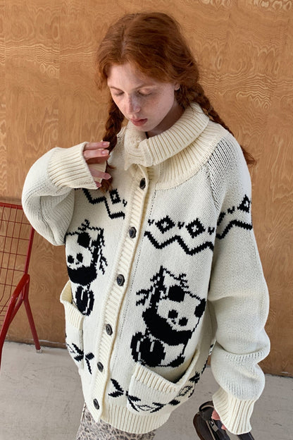 Fun Girly Panda Contrast Vintage Knit Jacket