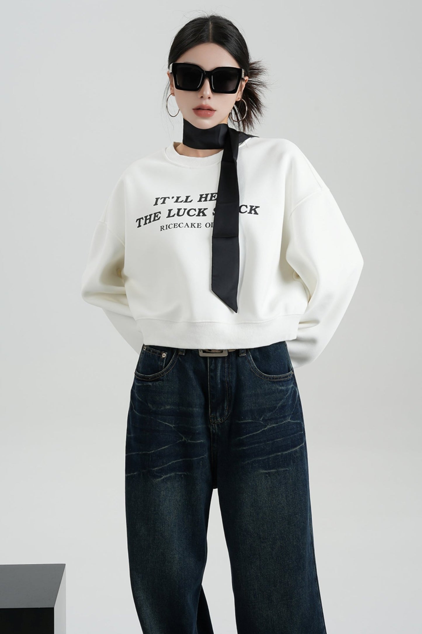 Alphabet Cropped Fleece Crew Neck Sweatshirt