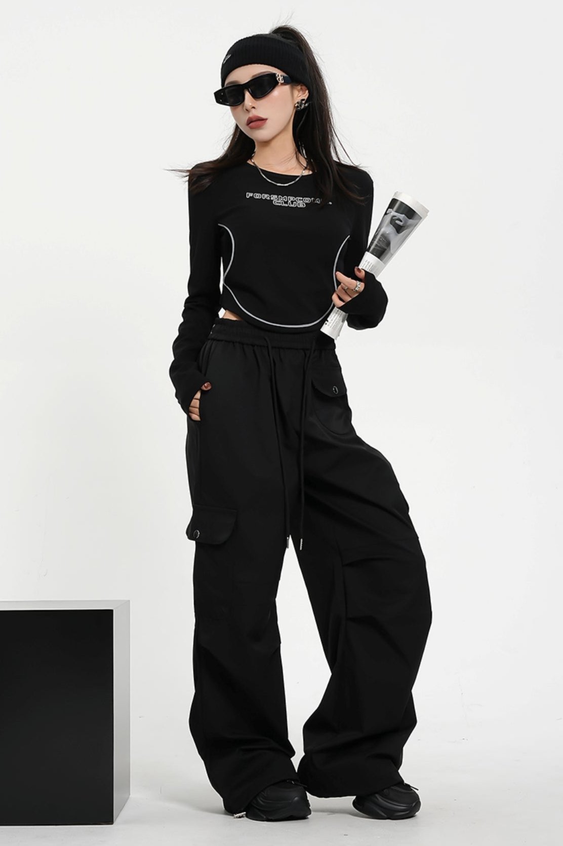 High-Waisted Elasticated Waist Cargo Pants